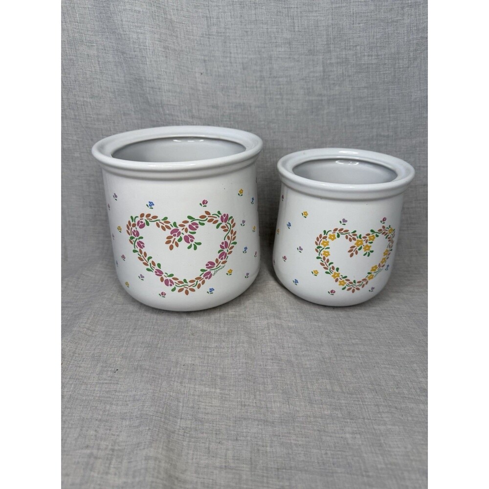 VINTAGE New Avenues Laurelwood CERAMIC FLORAL HEART Crock CANISTER Plant - 2